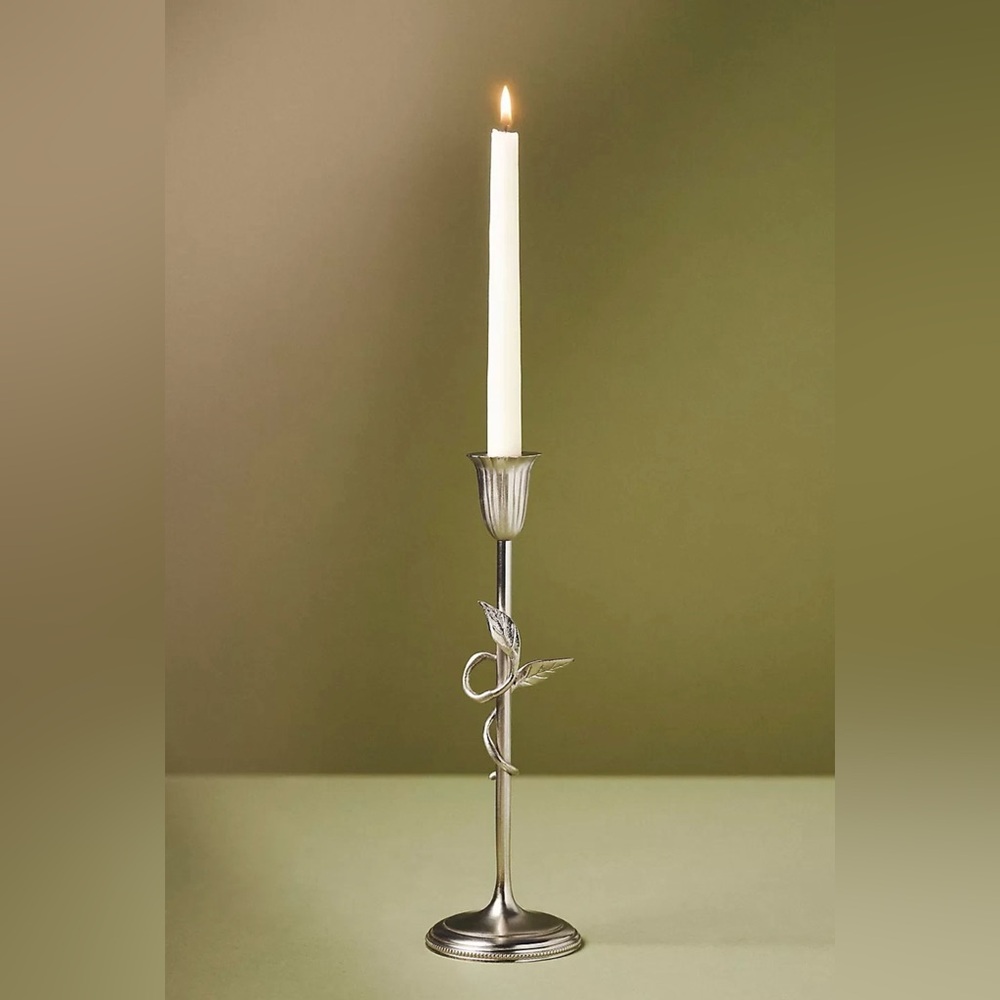 Anthropologie Hera Silver Taper Candle Holder Tall 12" Floral Candlestick NIB